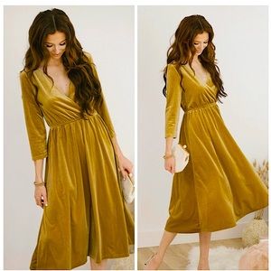 Gold Velvet 3/4 Sleeve V Neck Semi Formal Midi Dress